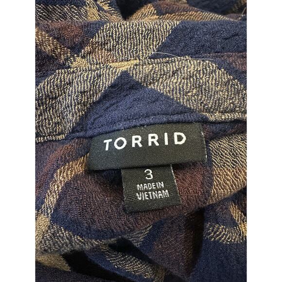 Torrid Lizzie Crinkle Flannel Gauze Button Up Tunic Navy Plaid Plus Size 3 3X - Picture 5 of 13